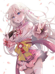 Rule 34 | 1girl, bare shoulders, blue eyes, blush, bow, bowtie, bridal gauntlets, cherry blossoms, cherry earrings, earrings, flower, food-themed earrings, food themed earrings, hair flower, hair ornament, hakama, hakama short skirt, hakama skirt, hand on own chest, indie virtual youtuber, japanese clothes, jewelry, kimono, kubota masaki, long hair, obi, off shoulder, open mouth, osaki cherry, petals, pink bow, pink bowtie, pink hakama, pink sailor collar, pink skirt, pleated skirt, sailor collar, sash, single thighhigh, skindentation, skirt, sleeveless, solo, thighhighs, virtual youtuber, white hair, white kimono, white thighhighs
