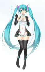 Rule 34 | 1girl, ;d, aqua eyes, aqua hair, boots, elbow gloves, gloves, hatsune miku, highres, long hair, navel, one eye closed, open mouth, pointing, race queen, racing miku, simple background, smile, solo, thigh boots, thighhighs, twintails, very long hair, vocaloid, wacchi, wink