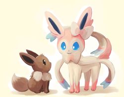 Rule 34 | aqua eyes, beige background, black eyes, closed mouth, commentary, commentary request, creature, eevee, full body, gen 1 pokemon, gen 6 pokemon, hair ribbon, lai (pixiv1814979), looking at another, looking up, neck ribbon, no humans, pokemon, pokemon (creature), ribbon, shadow, simple background, sitting, smile, standing, sylveon