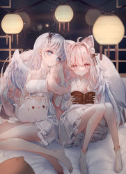 Rule 34 | 2girls, ahoge, animal, animal ear fluff, animal ears, barefoot, bed sheet, blue eyes, book, boots, breasts, cat, cleavage, closed mouth, commentary request, dress, feathered wings, hair between eyes, hair intakes, highres, holding, holding book, japanese clothes, kimono, lantern, medium breasts, multiple girls, open book, original, paper lantern, parted lips, pillow, pink hair, pleated dress, red eyes, silver hair, smile, strapless, strapless dress, tail, tandohark, white dress, white footwear, white kimono, white wings, wings