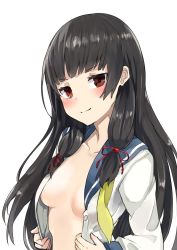 Rule 34 | 10s, 1girl, black hair, blunt bangs, blush, breasts, cleavage, collarbone, hair ribbon, hi nomase ijin, highres, isokaze (kancolle), kantai collection, light smile, long hair, long sleeves, looking at viewer, no bra, red eyes, ribbon, school uniform, sidelocks, simple background, solo, unbuttoned, undressing, upper body, white background