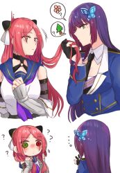 Rule 34 | ..., 2girls, ?, arm at side, arm belt, assault lily, bare shoulders, belt, belt buckle, black choker, black gloves, black necktie, blue jacket, blue sailor collar, blush, braid, buckle, butterfly hair ornament, chibi, choker, closed mouth, collared shirt, comic, commentary, crop top, cropped torso, detached sleeves, epaulettes, facing away, flower (symbol), funada kiito, gloves, green eyes, grey shirt, hair ornament, hairpods, half gloves, hand up, hands up, heterochromia, highres, holding, holding another&#039;s hair, holding hair, jacket, layered sleeves, long hair, long sleeves, looking at another, mole, mole under eye, motion lines, multiple belts, multiple girls, neckerchief, necktie, nigari (ngari 0115), nose blush, o-ring, o-ring choker, odaiba girls high school uniform, parted bangs, partially fingerless gloves, purple hair, purple neckerchief, red eyes, red hair, sailor collar, school uniform, serafuku, shiba tomoshibi, shirt, side braid, silent comic, simple background, single braid, sleeveless, sleeveless shirt, sleeves past wrists, smelling, smelling hair, spoken object, spoken question mark, surprised, sweatdrop, tree, undershirt, upper body, white background, white shirt, wide-eyed
