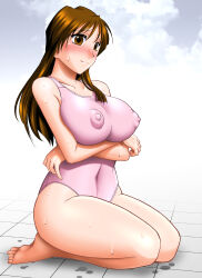 Rule 34 | 1girl, arms under breasts, blush, breasts, brown eyes, brown hair, covered erect nipples, highres, kneeling, kurihara mari, large breasts, long hair, mokkouyou bond, navel, nipples, one-piece swimsuit, pink one-piece swimsuit, self hug, shiny skin, sleeveless, smile, solo, super real mahjong, sweat, swimsuit