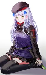Rule 34 | 1girl, beret, black thighhighs, blunt bangs, blush, breasts, clothes writing, facial mark, girls&#039; frontline, gloves, green eyes, hair ornament, hand on foot, hat, hk416 (girls&#039; frontline), jacket, long hair, long sleeves, looking at viewer, medium breasts, plaid, plaid skirt, pouch, sidelocks, silence girl, silver hair, sitting, skirt, solo, strap, teardrop, thighhighs, very long hair, wariza
