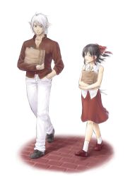 Rule 34 | 00s, 1boy, 1girl, bag, black hair, bow, buront, carrying, casual, crossover, elf, elvaan, closed eyes, final fantasy, final fantasy xi, hair bow, hair ribbon, hair tubes, hakurei reimu, hand in pocket, height difference, highres, pointy ears, red skirt, ribbon, short hair, silver hair, size difference, skirt, sleeveless, smile, tatsuya (atelier road), the iron of yin and yang, touhou