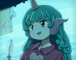 Rule 34 | 1girl, :d, anime coloring, blouse, blush, cloud, eyebrows, food, green eyes, green hair, horns, komano aunn, official style, open mouth, popsicle, red shirt, shirt, single horn, sky, smile, solo, street dog, sweat, sweatdrop, touhou