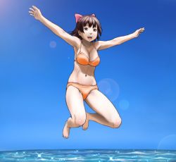 Rule 34 | 1girl, :d, aoi minamo, armpits, barefoot, bikini, bow, breasts, brown eyes, brown hair, cleavage, day, jumping, large breasts, lens flare, minazuki tsuyuha, open mouth, orange bikini, outstretched arms, pink bow, real drive, short hair, smile, solo, spread arms, swimsuit, water