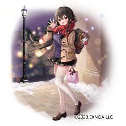 Rule 34 | 1girl, 2020, :d, bag, black footwear, black hair, black skirt, blurry, blush, bokeh, border, braid, brown jacket, carrying bag, cat ornament, city lights, company name, depth of field, emia (castilla), fading border, floral print, fortress girl, frilled thighhighs, frills, gold trim, hair between eyes, hair ornament, hair ribbon, head tilt, heart, heart hair ornament, highres, jacket, lamppost, lapels, long hair, long sleeves, looking at viewer, natsumi (fortress girl), neck ribbon, night, official art, open mouth, outdoors, parted bangs, plaid, plaid scarf, pleated skirt, purple sweater, red eyes, red scarf, ribbed legwear, ribbon, ribbon braid, road, scarf, shirt, shoes, shopping bag, sidelocks, sidewalk, skirt, smile, snow, street, sweater, thighhighs, valentine, very long hair, wall, waving, white shirt, white thighhighs, zettai ryouiki