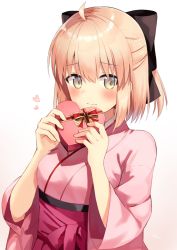 Rule 34 | 1girl, ahoge, black bow, blonde hair, blush, bow, box, breasts, closed mouth, commentary request, fate/grand order, fate (series), gift, gift box, gradient background, hair between eyes, hair bow, hands up, heart, heart-shaped box, holding, holding box, japanese clothes, kimono, long sleeves, nonono (nononotea), obi, okita souji (fate), okita souji (koha-ace), pink kimono, red ribbon, ribbon, sash, short hair, sidelocks, small breasts, solo, upper body, valentine, white background, wide sleeves, yellow eyes