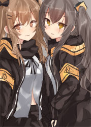 Rule 34 | 2girls, absurdres, black bow, black gloves, black jacket, black ribbon, black skirt, blush, bow, brown eyes, brown hair, commentary request, fingerless gloves, girls&#039; frontline, gloves, hair between eyes, hair bow, hair ornament, hairclip, highres, jacket, light brown hair, long hair, multiple girls, natsu (sinker8c), neck ribbon, one side up, open clothes, open jacket, parted lips, revision, ribbon, scar, scar across eye, scar on face, shirt, skirt, twintails, ump45 (girls&#039; frontline), ump9 (girls&#039; frontline), very long hair, white shirt