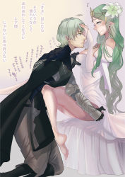 Rule 34 | 1boy, 1girl, bare shoulders, barefoot, blush, breasts, byleth (fire emblem), byleth (male) (fire emblem), closed mouth, couple, dress, feet, fire emblem, fire emblem: three houses, flower, from side, grabbing another&#039;s ass, green eyes, green hair, hair flower, hair ornament, hetero, large breasts, long hair, masakikazuyoshi, matching hair/eyes, nintendo, off-shoulder dress, off shoulder, open mouth, pointy ears, rhea (fire emblem), short hair, sitting, thighs, tiara, toes, translation request, white dress