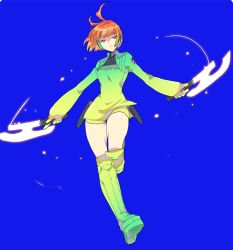 Rule 34 | 10s, 1girl, antenna hair, axe, badge, boots, breasts, brown hair, closed mouth, cropped jacket, dual wielding, eyebrows, frown, full body, gloves, glowing, glowing weapon, green eyes, green footwear, green shorts, holding, holster, konami kirie, light particles, long sleeves, looking at viewer, medium breasts, orange hair, outstretched arms, pepper fever, shade, short hair, shorts, simple background, solo, thigh gap, weapon, world trigger