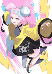 Rule 34 | 1girl, aqua hair, boots, breasts, character hair ornament, commentary request, creatures (company), daifuku (tkja3555), full body, game freak, grey footwear, grey pantyhose, grey shirt, hair ornament, highres, iono (pokemon), jacket, legs up, long hair, multicolored hair, nintendo, open mouth, pantyhose, pink hair, pokemon, pokemon sv, purple eyes, sharp teeth, shirt, single leg pantyhose, sleeveless, sleeveless shirt, small breasts, solo, star (symbol), teeth, thigh strap, tongue, two-tone hair, upper teeth only, yellow jacket