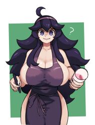 Rule 34 | 1girl, ?, @ @, ahoge, apron, breasts, cleavage, collarbone, cowboy shot, creatures (company), cup, curvy, diadem, dot nose, facing viewer, game freak, green background, hex maniac (pokemon), highres, holding, holding cup, holding pen, huge breasts, long hair, looking at viewer, matching hair/eyes, moist battery, nail polish, naked apron, nintendo, pen, pokemon, pokemon xy, purple apron, purple eyes, purple hair, purple nails, sideboob, sidelocks, smile, solo, standing, wide hips