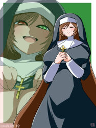 Rule 34 | 1girl, alternate breast size, alternate costume, black dress, blush, breasts, brown hair, cleavage, closed eyes, closed mouth, coif, commentary request, cowboy shot, cross, cross necklace, dated, dress, green background, green eyes, hair between eyes, half-closed eyes, heterochromia, highres, huge breasts, itini-sanshi, jewelry, long dress, long hair, medium bangs, necklace, nun, open mouth, red eyes, rozen maiden, shaded face, smile, suiseiseki, upper body, very long hair