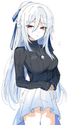 Rule 34 | 1girl, absurdres, awe (adorableduckyy), black sweater, blue ribbon, breasts, grey hair, grey skirt, hair between eyes, hair ribbon, highres, honkai: star rail, honkai (series), jingliu (honkai: star rail), long hair, long sleeves, medium breasts, notice lines, pleated skirt, ponytail, red eyes, ribbed sweater, ribbon, simple background, sketch, skirt, sleeves past wrists, solo, standing, sweater, very long hair, white background