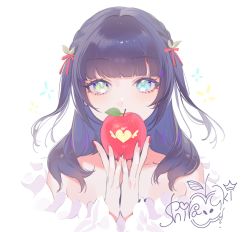 Rule 34 | 1girl, apple, bare shoulders, birthday, black hair, blush, braid, braided ponytail, collarbone, commentary, english commentary, food, frills, fruit, green eyes, hair ornament, hands up, happy birthday, highres, holding, holding food, holding fruit, kano shirayuki, leaf, long eyelashes, long hair, looking at viewer, nail polish, ohisashiburi, project luminasys, red nails, red ribbon, ribbon, simple background, solo, twintails, white background