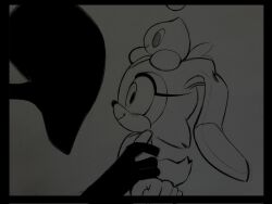 Rule 34 | 1boy, 1girl, 1other, animal, animal ears, animal nose, animal on head, arm grab, butterfly wings, cheese (sonic), clenched hand, cream the rabbit, face-to-face, faceless, from side, gloves, greyscale, hands on another&#039;s arms, highres, horror (theme), insect wings, light blush, long eyelashes, looking at another, monochrome, no eyes, on head, profile, rabbit ears, rabbit girl, rabbit tail, smile, sonic (series), tail, twentyann, unfinished, very long ears, wings