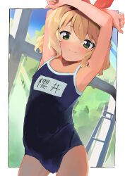Rule 34 | 1girl, armpits, arms up, blonde hair, blue one-piece swimsuit, bow, fuyubone, green eyes, hair bow, highres, idolmaster, idolmaster cinderella girls, looking at viewer, name tag, old school swimsuit, one-piece swimsuit, ribbon, sakurai momoka, school swimsuit, short hair, smile, solo, swimsuit, thighs