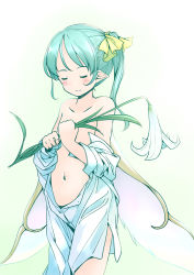 Rule 34 | 1girl, closed eyes, closed mouth, cowboy shot, daiyousei, dress, facing viewer, fairy wings, flower, green hair, holding, holding flower, navel, pointy ears, rangycrow, side ponytail, simple background, smile, solo, standing, touhou, white background, white dress, white flower, wings