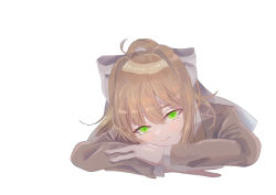 Rule 34 | 1girl, artist request, blazer, bow, brown hair, closed mouth, commentary, doki doki literature club, english commentary, eyebrows hidden by hair, green eyes, hair between eyes, highres, jacket, long hair, long sleeves, looking at viewer, monika (doki doki literature club), ponytail, ribbon, school uniform, simple background, smile, solo, white background, white bow