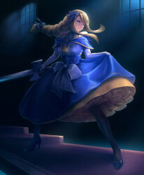 Rule 34 | 1girl, absurdres, agrias oaks, blonde hair, blue dress, blue footwear, braid, breasts, bubble skirt, carpet, closed mouth, dress, elbow gloves, final fantasy, final fantasy tactics, flower, full body, gloves, hair flower, hair ornament, high heels, highres, holding, holding clothes, holding dress, holding sword, holding weapon, jewelry, long hair, medium breasts, moonlight, necklace, pantyhose, puffy sleeves, ribbon, satin, skirt, solo, sword, tokiatm, weapon, window, yellow eyes