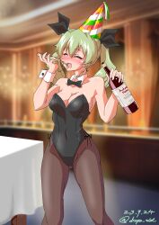 Rule 34 | 1girl, absurdres, anchovy (girls und panzer), artist name, black bow, black bowtie, black leotard, blush, bottle, bow, bowtie, breasts, brown pantyhose, cleavage, closed eyes, covered navel, curvy, dated, drill hair, drops mint, eating, fang, food, girls und panzer, green hair, hair ribbon, happy, hat, highres, large breasts, leotard, long hair, open mouth, pantyhose, party hat, pizza, playboy bunny, ribbon, smile, solo, twintails, wide hips, wine bottle