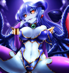 Rule 34 | 1girl, astaroth (shinrabanshou), black sclera, blue hair, blue skin, blush, breasts, breasts apart, bridal gauntlets, clothing cutout, colored sclera, colored skin, commentary request, demon girl, earrings, eyes visible through hair, gloves, hair between eyes, heart, heart earrings, highres, horns, jewelry, large breasts, leotard, long hair, looking at viewer, nail polish, navel, navel cutout, open mouth, pointy ears, purple gloves, purple thighhighs, shinrabanshou, solo, spread legs, tail, thighhighs, watarui, wings, yellow eyes