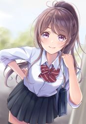 Rule 34 | 1girl, absurdres, bag, black skirt, blurry, blurry background, blush, bow, bowtie, brown hair, closed mouth, commentary request, highres, long hair, looking at viewer, original, outdoors, pocket, ponytail, purple eyes, red bow, red bowtie, school bag, school uniform, shirt, skirt, sleeves rolled up, smile, solo, striped bow, striped bowtie, striped clothes, white shirt, yodakeke