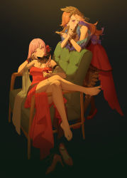 Rule 34 | 2girls, absurdres, bare legs, bare shoulders, barefoot, blowing kiss, blush, breasts, cup, deme (karesuki), dress, drinking glass, earrings, feather earrings, feathers, feet, gradient hair, highres, hololive, hololive english, jewelry, legs, long hair, lying, mori calliope, multicolored hair, multiple girls, nail polish, official alternate costume, one eye closed, orange hair, pink hair, purple eyes, red dress, red eyes, takanashi kiara, toenail polish, toenails, toes, virtual youtuber, wine glass, yuri