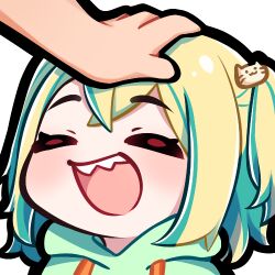 Rule 34 | 1girl, :d, = =, amano pikamee, bad id, cat hair ornament, chibi, commentary, drawstring, english commentary, green hoodie, hair ornament, headpat, hood, hood down, hoodie, lowres, maerie, mixed-language commentary, official art, open mouth, portrait, sharp teeth, smile, solo focus, teeth, transparent background, two side up, upper teeth only, virtual youtuber, voms
