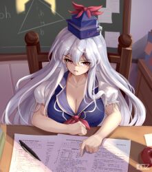 Rule 34 | 1girl, absurdres, apple, artist name, ascot, blue headwear, breasts, chair, chalkboard, cleavage, desk, edz drawz, academic test, food, from above, fruit, highres, indoors, kamishirasawa keine, large breasts, long hair, open mouth, paper, pointy ears, puffy short sleeves, puffy sleeves, red apple, red ascot, red eyes, short sleeves, solo, touhou, upper body