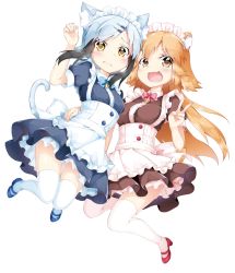 Rule 34 | 2girls, animal ear fluff, animal ears, apron, arm around waist, bad id, bad pixiv id, black hair, blue bow, blue footwear, blue hair, blush, bow, breasts, brown eyes, brown hair, cat ears, cat tail, commentary request, fang, full body, hair ornament, hairclip, hand on another&#039;s hip, inumine aya, jumping, long hair, looking at viewer, maid apron, maid headdress, medium breasts, multicolored hair, multiple girls, open mouth, original, pink bow, red footwear, shoes, sidelocks, simple background, sweatdrop, tail, thighhighs, v, white background, white legwear, yellow eyes