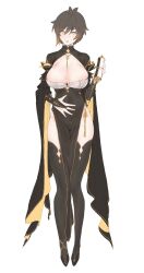Rule 34 | 1girl, black dress, black footwear, black hair, black thighhighs, breasts, brown hair, china dress, chinese clothes, cleavage, dress, full body, genderswap, genderswap (mtf), genshin impact, hair between eyes, hand on own stomach, highres, holding, holding scroll, large breasts, mrkinkass, orange eyes, parted lips, pelvic curtain, scroll, side slit, simple background, solo, thighhighs, white background, wide sleeves, zhongli (genshin impact)