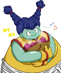 Rule 34 | 10s, 1girl, bag, blue hair, braid, colored skin, dragon ball, dragon ball super, food, gloves, green skin, long hair, minminnanagon, monna, musical note, paper bag, red eyes, simple background, solo, upper body, white background