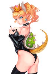 Rule 34 | 1girl, absurdres, armlet, ass, bare shoulders, black leotard, black nails, blonde hair, blue eyes, bowsette, bracelet, breasts, brooch, collar, crown, earrings, fang, fingernails, highres, horns, jewelry, large breasts, leotard, lipstick, long hair, looking at viewer, makeup, mario (series), nail polish, new super mario bros. u deluxe, nintendo, ponytail, sharp fingernails, sharp teeth, solo, spiked armlet, spiked bracelet, spiked collar, spikes, super crown, tail, teeth, thick eyebrows, thighhighs