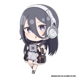 Rule 34 | 1girl, bags under eyes, bandaid, bandaid on knee, bandaid on leg, black footwear, bright pupils, chibi, commentary, english commentary, exia (nikke), full body, game controller print, goddess of victory: nikke, grey hair, hair between eyes, handheld game console, headphones, headset, highres, holding, holding handheld game console, long hair, long sleeves, looking at viewer, official art, open clothes, print shirt, purple eyes, shirt, solo, totatokeke, very long hair, white pupils, white shirt
