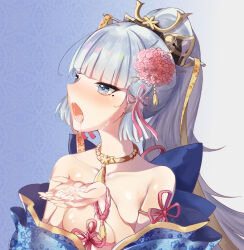 Rule 34 | 1girl, :o, alternate costume, ayaka (genshin impact), bare shoulders, blunt bangs, choker, collarbone, commentary request, facing away, flower, genshin impact, grey eyes, grey hair, hair flower, hair ornament, japanese clothes, kimono, long hair, long sleeves, mole, mole under eye, ponytail, sidelocks, simple background, solo, strapless kimono, suggestive fluid, toto tony, wide sleeves
