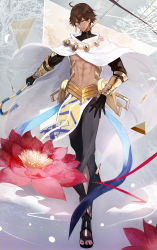 Rule 34 | 1boy, abs, ahoge, black gloves, brown hair, closed mouth, commentary request, dark-skinned male, dark skin, earrings, egyptian, fate/prototype, fate/prototype: fragments of blue and silver, fate (series), flower, full body, gloves, hair between eyes, highres, holding, holding staff, jewelry, juexing (moemoe3345), looking at viewer, male focus, ozymandias (fate), pelvic curtain, pink flower, revision, sandals, smile, solo, staff, toeless legwear, toned, toned male, yellow eyes