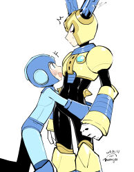 Rule 34 | 2boys, absurdres, android, armor, black bodysuit, blue armor, blue bodysuit, blue eyes, blue headwear, blush, bodysuit, breastplate, clenched hand, commentary request, covered navel, electricity, feet out of frame, fuse, fuse man, gloves, happy, helmet, highres, joints, looking at another, looking down, looking up, male focus, mega man (character), mega man (classic), mega man (series), mega man 11, multiple boys, open mouth, parted lips, purple eyes, robot, robot ears, robot joints, shoulder armor, simple background, smile, standing, sweatdrop, vambraces, wenyu, white background, white gloves, yellow armor, yellow headwear