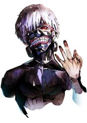 Rule 34 | 10s, 1boy, artist request, black nails, black sclera, colored sclera, cracking knuckles, eyepatch, hair over one eye, kaneki ken, male focus, mask, nail polish, one eye covered, red eyes, solo, tokyo ghoul, white hair