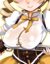 Rule 34 | 10s, 1girl, blonde hair, blush, breast rest, breasts, drill hair, fingerless gloves, gloves, gun, head out of frame, large breasts, magical musket, mahou shoujo madoka magica, mahou shoujo madoka magica (anime), shinama, skirt, smile, solo, tomoe mami, tomoe mami (magical girl), twin drills, twintails, weapon