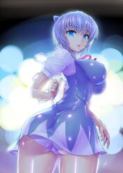 Rule 34 | 1girl, alternate breast size, ass, blue eyes, blue hair, breasts, cirno, dress, ebizome, large breasts, latex, looking at viewer, panties, serious, short hair, touhou, underwear, wings