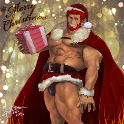 Rule 34 | 1boy, abs, absurdres, bara, beard, box, bulge, cape, christmas, dark-skinned male, dark skin, facial hair, fate/zero, fate (series), feet out of frame, full beard, gift, gift box, hat, highres, iskandar (fate), large pectorals, loincloth, male focus, masaharu masaharu, mature male, merry christmas, muscular, muscular male, navel, nipples, paid reward available, pectorals, red eyes, red hair, red hat, santa costume, santa hat, short hair, smile, snowing, solo, standing, stomach, strongman waist, thick beard, thick eyebrows, thick thighs, thighs