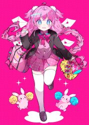 Rule 34 | 1girl, ahoge, animal ears, bag, black footwear, black jacket, blazer, blue eyes, blue nails, blush, bow, bowtie, braid, commentary, crossed bangs, full body, hair ornament, hand up, heart, heart in eye, highres, holding, holding pom poms, jacket, leg up, letter, loafers, long hair, long sleeves, love letter, mitau, nail polish, open clothes, open jacket, original, parted lips, pink background, pink bow, pink bowtie, pink hair, pink skirt, pleated skirt, polka dot, polka dot background, pom pom (cheerleading), pom pom (clothes), pom pom hair ornament, pom poms, rabbit ears, running towards viewer, shoes, skirt, solo, straight-on, symbol-only commentary, symbol in eye, thighhighs, twin braids, very long hair, wavy mouth, white thighhighs, zettai ryouiki