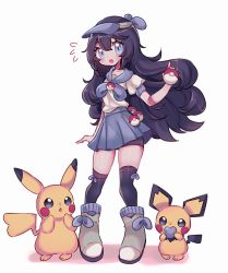 1girl :o aliceyawnin bad_id bad_tumblr_id black_hair black_legwear blue_eyes blue_skirt blush commentary commission creature creatures_(company) english_commentary eyelashes flat_chest full_body game_freak gen_1_pokemon gen_2_pokemon hair_between_eyes holding holding_poke_ball long_hair looking_at_viewer nintendo original pichu pikachu poke_ball pokemon pokemon_(creature) shadow shoes simple_background skirt white_background