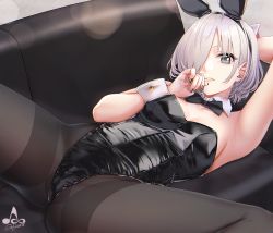 Rule 34 | 1girl, animal ears, arm up, armpits, artist logo, bare shoulders, black bow, black leotard, black nails, black pantyhose, bow, bowtie, breasts, couch, detached collar, fake animal ears, grey eyes, hair over one eye, highleg, highleg leotard, highres, infinote, leotard, lips, looking at viewer, lying, medium breasts, nail polish, on back, original, pantyhose, parted lips, playboy bunny, rabbit ears, sashou mihiro (infinote), short hair, silver hair, solo, spread legs, strapless, strapless leotard, wrist cuffs