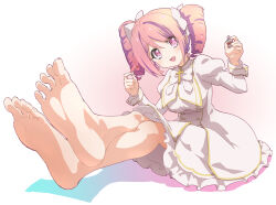 Rule 34 | 1girl, barefoot, blush, breasts, cross, drill hair, feet, foot focus, highres, jashin-chan dropkick, jewelry, large breasts, light blush, looking at viewer, nail polish, necklace, open mouth, pink eyes, pink hair, pino (jashin-chan dropkick), sitting, smile, soles, solo, twin drills