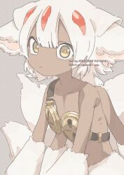 Rule 34 | 1girl, :|, animal ears, animal hands, artist name, closed mouth, commentary request, dark-skinned female, dark skin, english text, extra arms, faputa, goggles, hair between eyes, kinutani yutaka, looking at viewer, made in abyss, monster girl, multiple tails, orange pupils, tail, white hair, yellow eyes