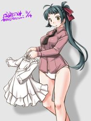 Rule 34 | 1girl, ahoge, apron, artist name, black necktie, brown eyes, dated, dress shirt, feet out of frame, green hair, grey background, hair ribbon, holding, holding clothes, irako (kancolle), kantai collection, kappougi, long hair, necktie, no pants, panties, pink shirt, ponytail, ribbon, shadow, shirt, simple background, solo, standing, tatsumi ray, twitter username, underwear, white panties